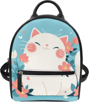 Custom Kawaii Mini Backpack Purse For Women Teen Girls PU Leather Zipper Closure Handbag Tote Small Travel Shopping Bag For School Travel Vacation Mini Casual Daypack Cute Cat Print