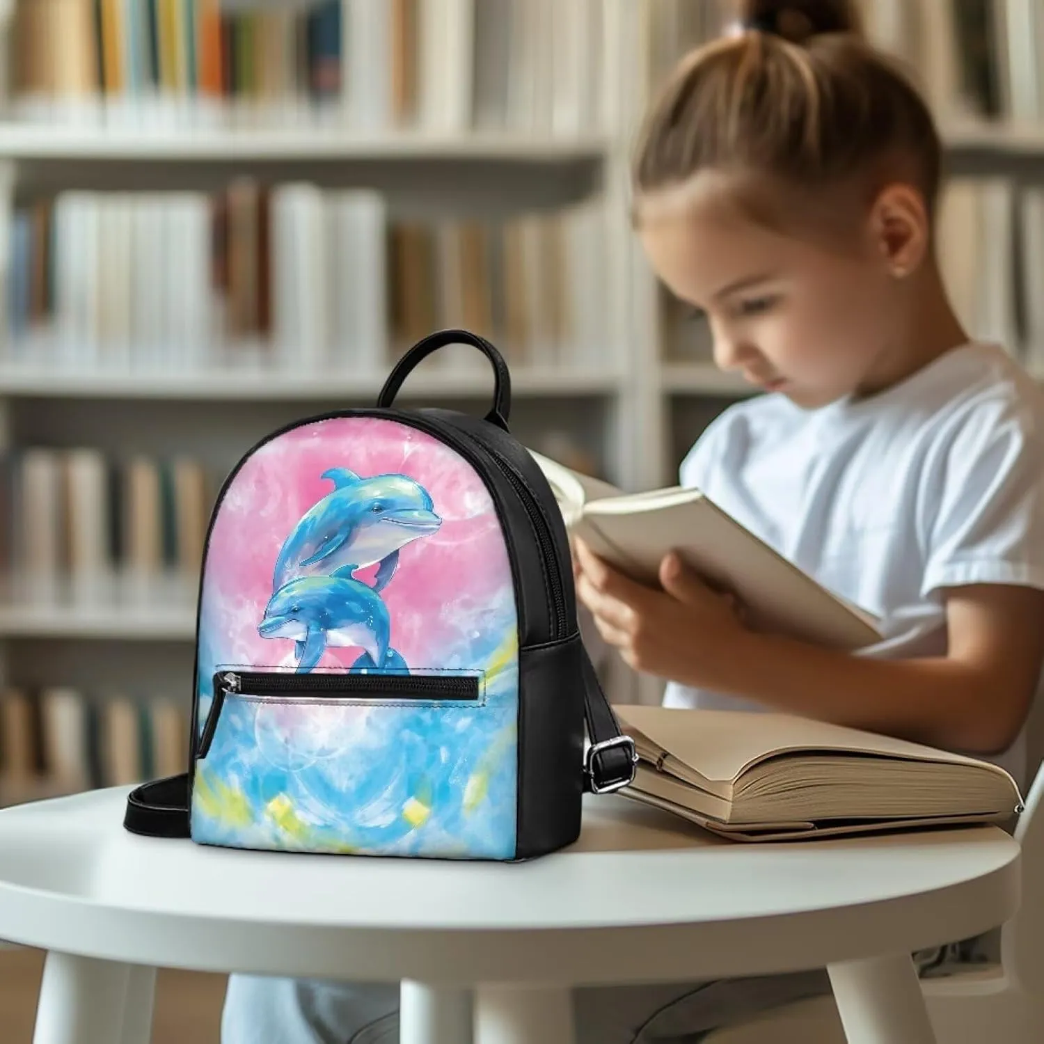 Custom Mini Backpack Purse For Women Teen Girls Cartoon Dolphin Pattern Cute Mini Backpacks PU Leather Zipper Closure Handbag Tote Small Travel Shopping Bag
