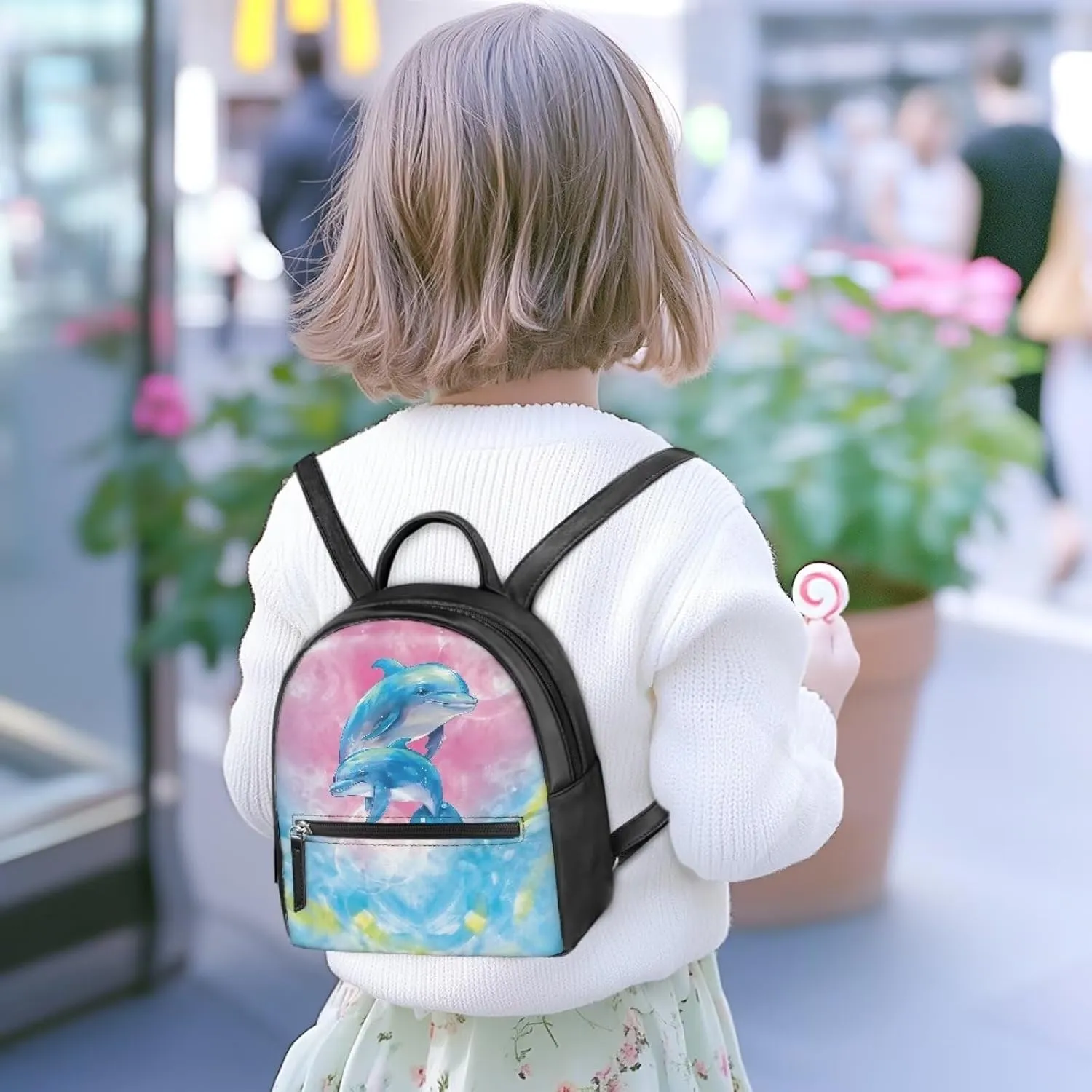 Custom Mini Backpack Purse For Women Teen Girls Cartoon Dolphin Pattern Cute Mini Backpacks PU Leather Zipper Closure Handbag Tote Small Travel Shopping Bag