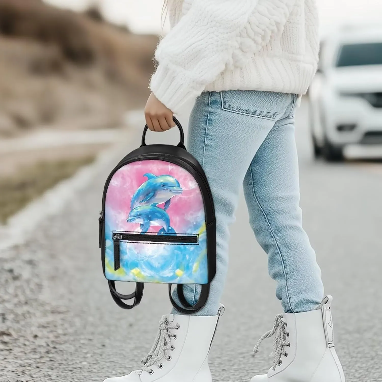 Custom Mini Backpack Purse For Women Teen Girls Cartoon Dolphin Pattern Cute Mini Backpacks PU Leather Zipper Closure Handbag Tote Small Travel Shopping Bag