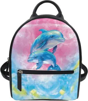 Custom Mini Backpack Purse For Women Teen Girls Cartoon Dolphin Pattern Cute Mini Backpacks PU Leather Zipper Closure Handbag Tote Small Travel Shopping Bag