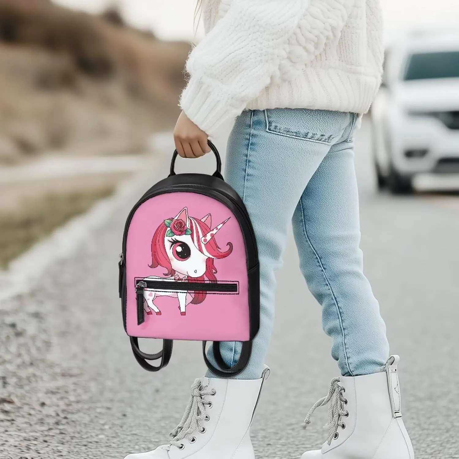 Custom Mini Backpack Purse For Women Teen Girls Cartoon Rose Horse Pattern Cute Mini Backpacks PU Leather Zipper Closure Handbag Tote Small Travel Shopping Bag