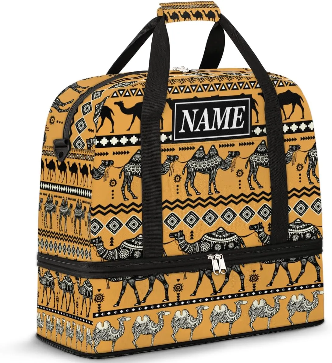 Customize Personalized Travel Duffel Bag Ethnic Animal Camel Sport Gym Bag for Woman Man,Waterproof Foldable Weekend Overnight Bag for Yoga Workout Training with Shoe Compartment
