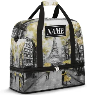 Customize Personalized Travel Duffel Bag France Paris Eiffel Tower Flower Sport Gym Bag for Woman Man,Waterproof Foldable Weekend Overnight Bag for Yoga Workout Training with Shoe Compartment