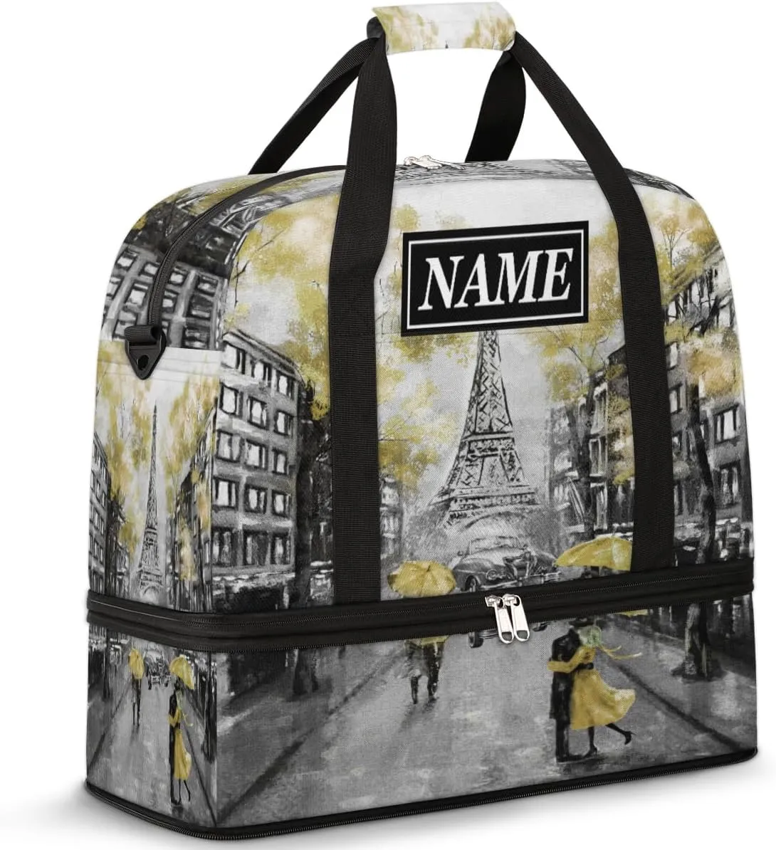 Customize Personalized Travel Duffel Bag France Paris Eiffel Tower Flower Sport Gym Bag for Woman Man,Waterproof Foldable Weekend Overnight Bag for Yoga Workout Training with Shoe Compartment