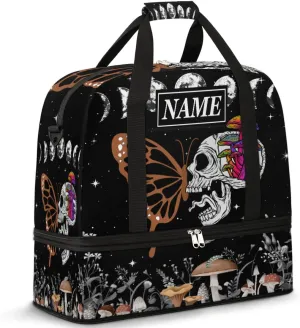 Customize Personalized Travel Duffel Bag Skull Butterfly Moon Phase Sport Gym Bag for Woman Man,Waterproof Foldable Weekend Overnight Bag for Yoga Workout Training with Shoe Compartment