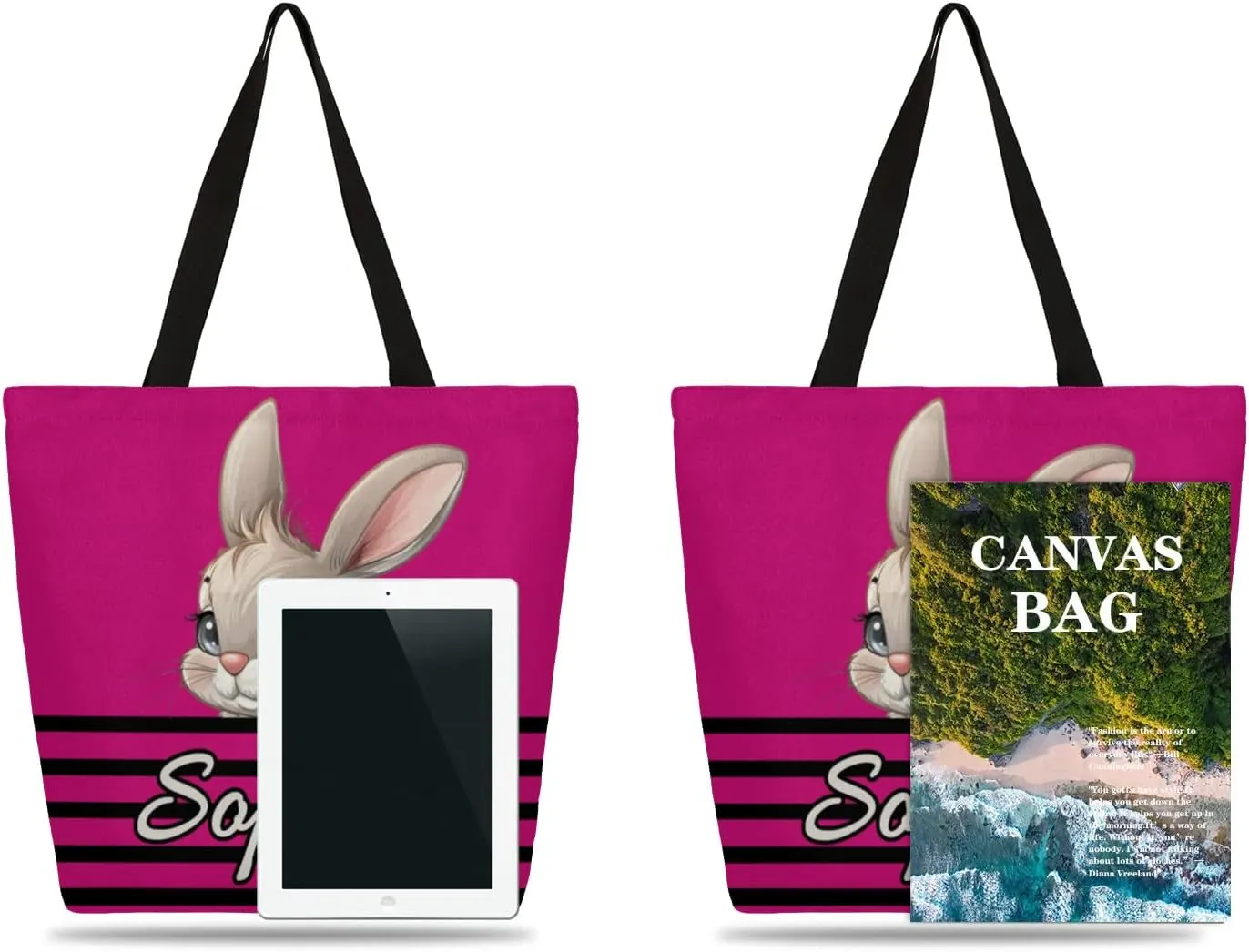 Cute Animal Personalized Canvas Tote Bag with Name for Women Girls Customized Beach Shoulder Bag Handbags