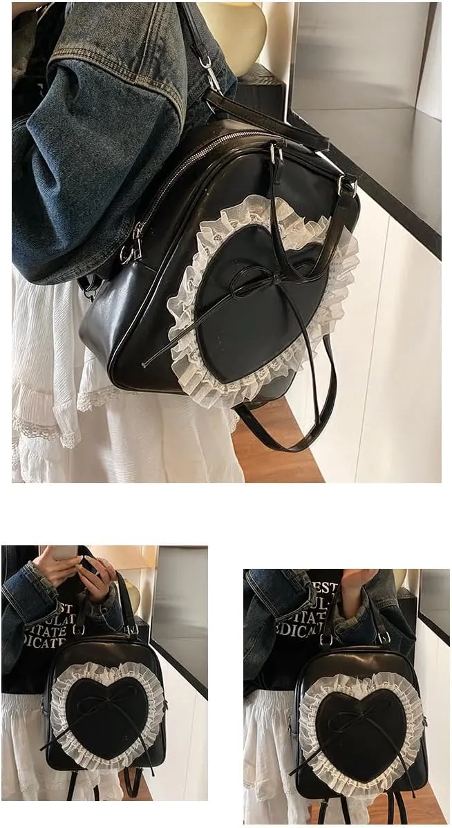 Cute Backpack Shoulder Purse Women Vintage Rucksack Tote Shoulder Purse Heart Design Bookbag Aesthetic Daypack Handbag (black)