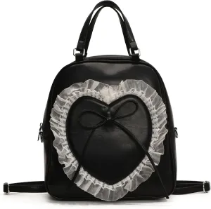 Cute Backpack Shoulder Purse Women Vintage Rucksack Tote Shoulder Purse Heart Design Bookbag Aesthetic Daypack Handbag (black)