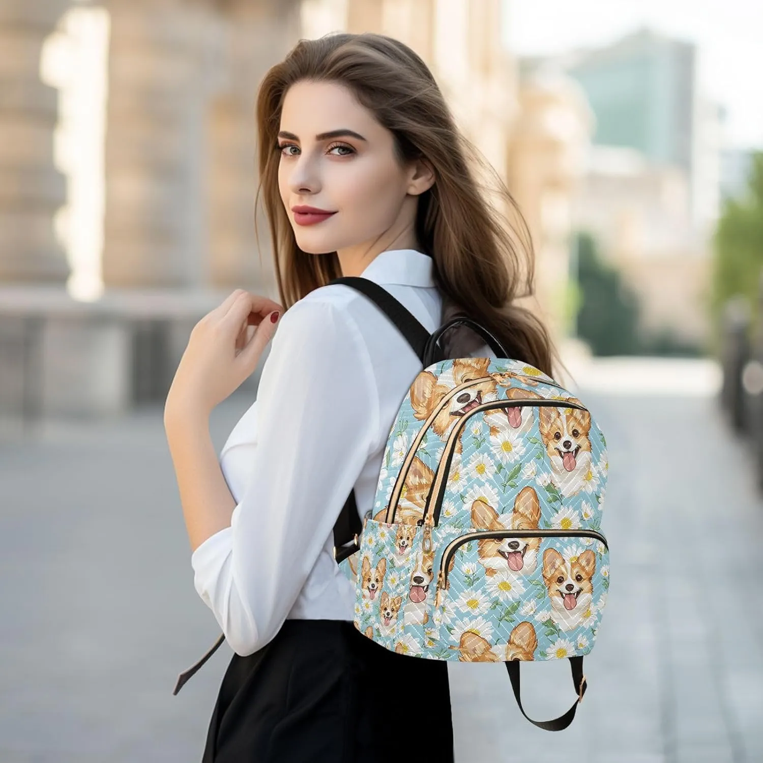 Cute Blue Daisy Dog Backpack Purse for Women Shoulder Bag Fashion Daypack Ladies Handbag Lightweight Travel Bag Rucksack