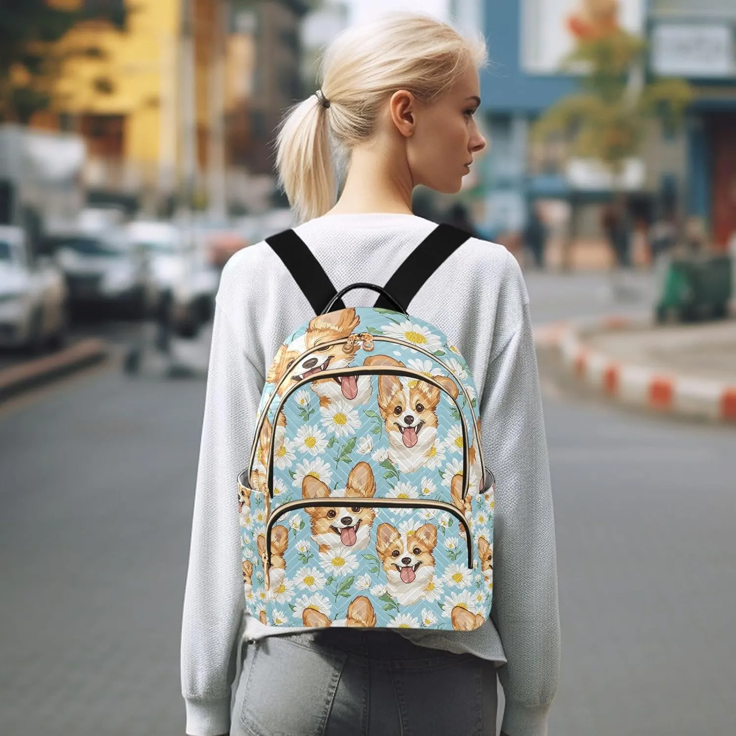 Cute Blue Daisy Dog Backpack Purse for Women Shoulder Bag Fashion Daypack Ladies Handbag Lightweight Travel Bag Rucksack