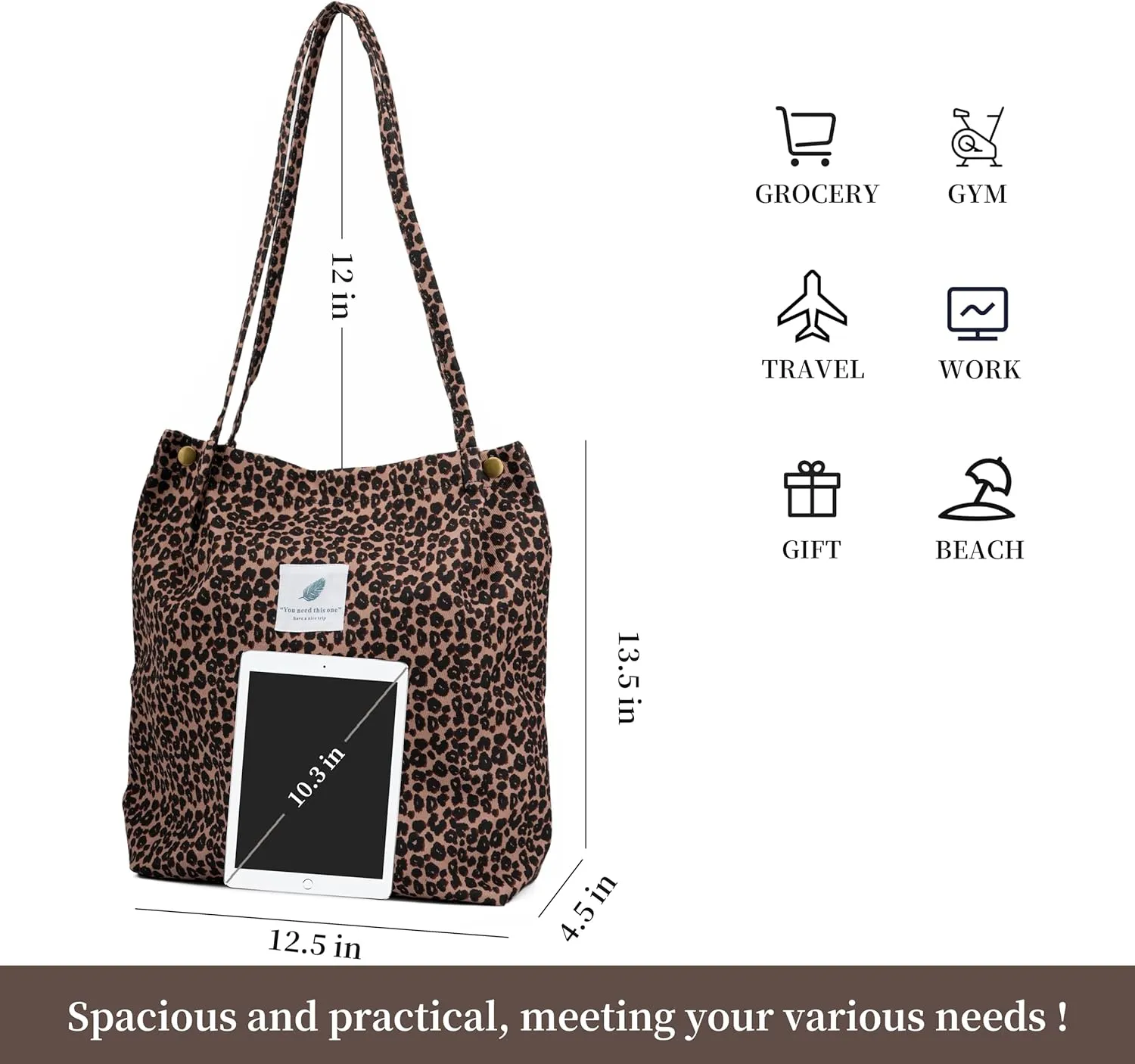 Cute Corduroy Tote Bag Canvas Shoulder Handbags for Women Travel Shopping