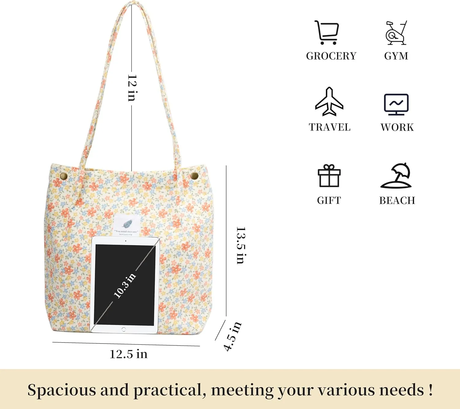 Cute Corduroy Tote Bag Canvas Shoulder Handbags for Women Travel Shopping