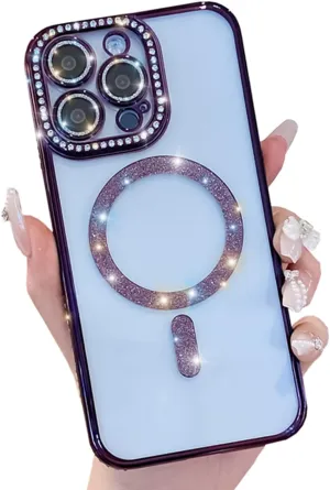Cute for iPhone 12 Pro Max Magnetic Glitter Case,Luxury Bling Rhinestone Diamond Plated Bumper Case,Compatible with MagSafe, Sparkle Camera Lens Protection Clear Cover for Women Girls(Purple)