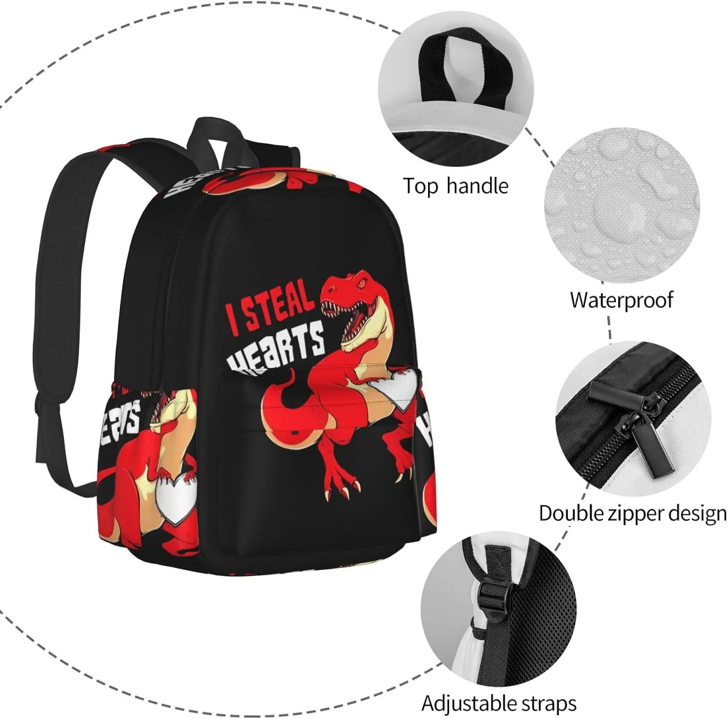 Cute I Steal Hearts Trex Dino Laptop Backpack Shoulder Bag Laptop Pack Travel Backpacks Commuter Back Pack Casual Daypack Bags With Side Pockets