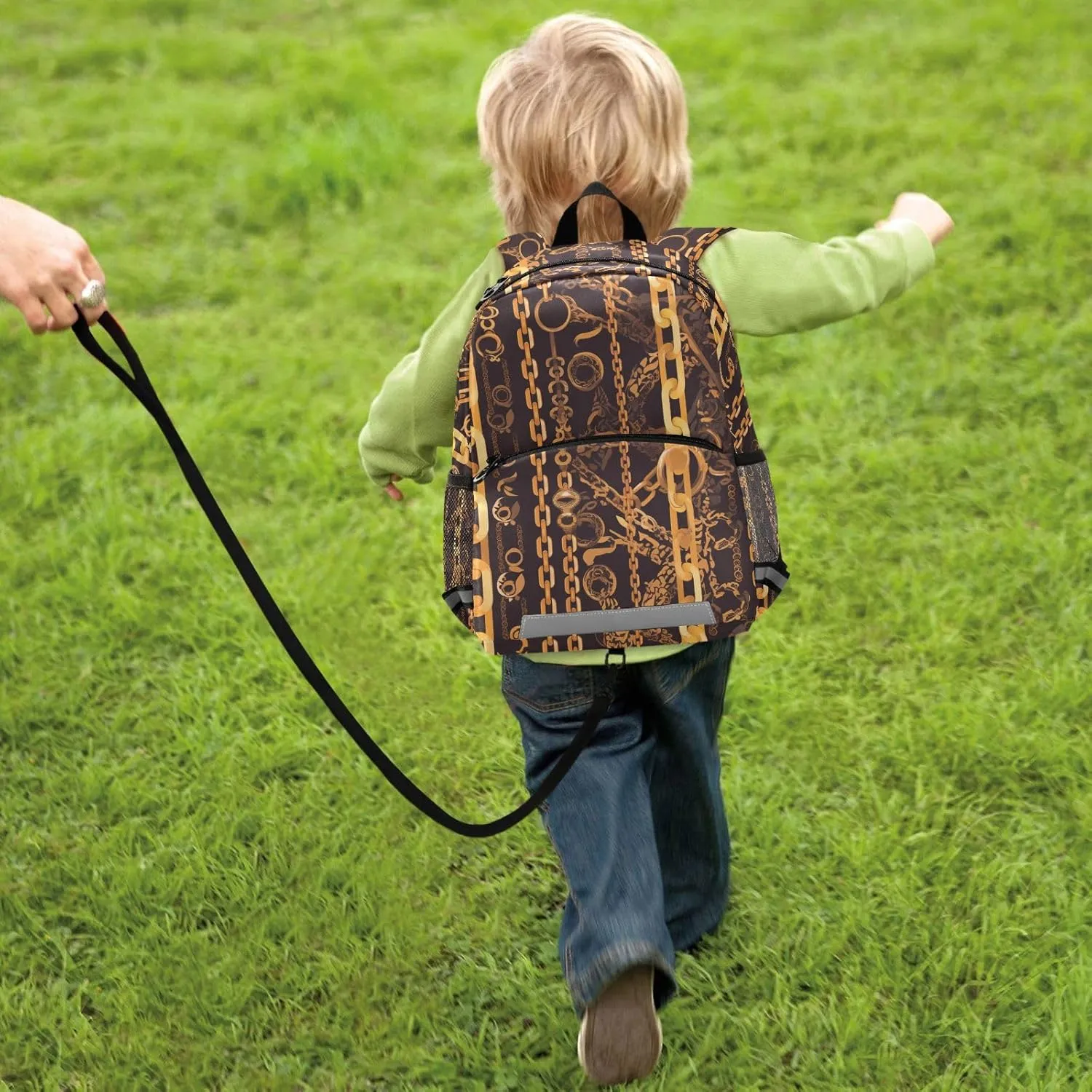 Cute Kids Backpack for Boys and Girls Golden Chain Pattern on Black Background Chestnut Mini Travel Back Pack Schoolbag