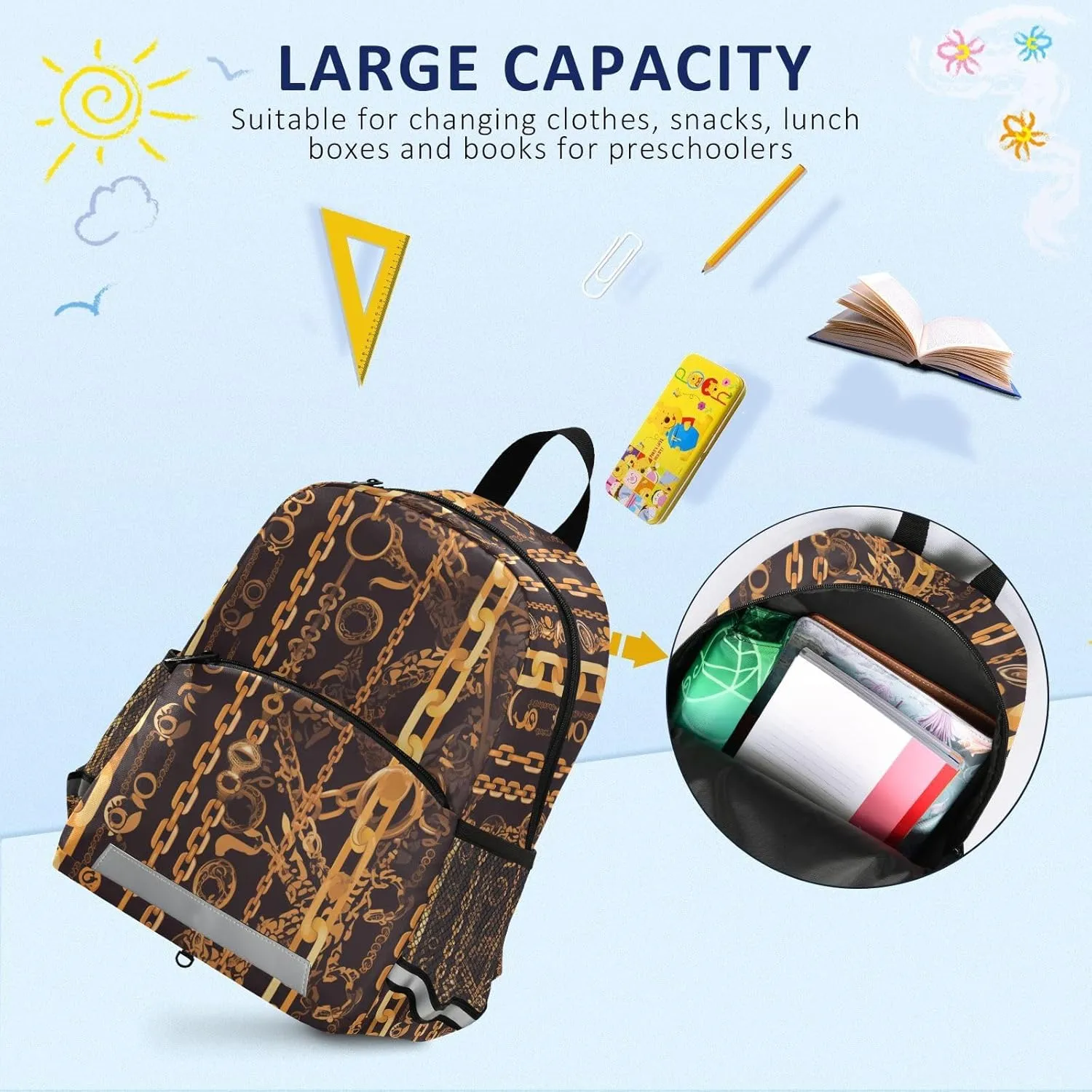 Cute Kids Backpack for Boys and Girls Golden Chain Pattern on Black Background Chestnut Mini Travel Back Pack Schoolbag