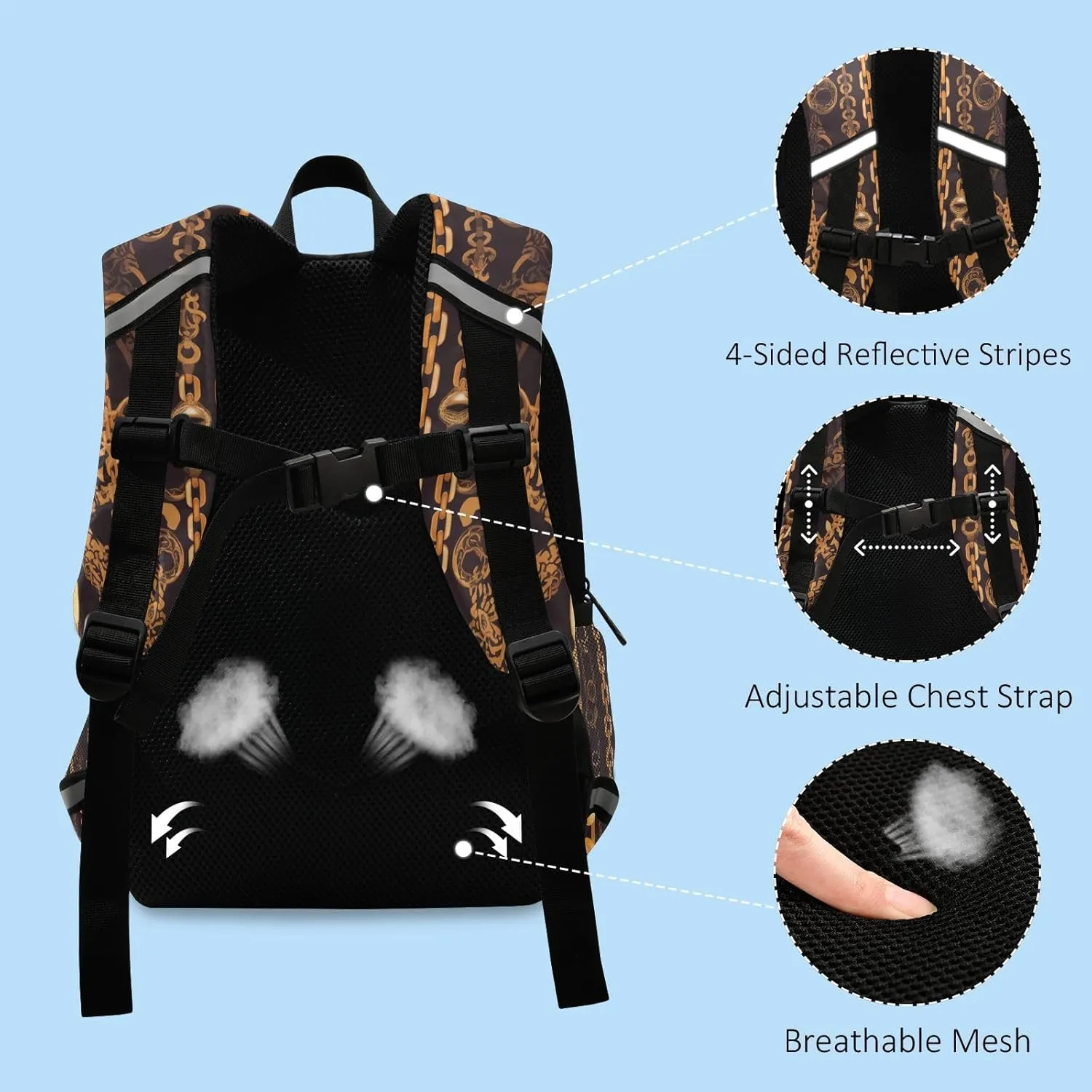 Cute Kids Backpack for Boys and Girls Golden Chain Pattern on Black Background Chestnut Mini Travel Back Pack Schoolbag