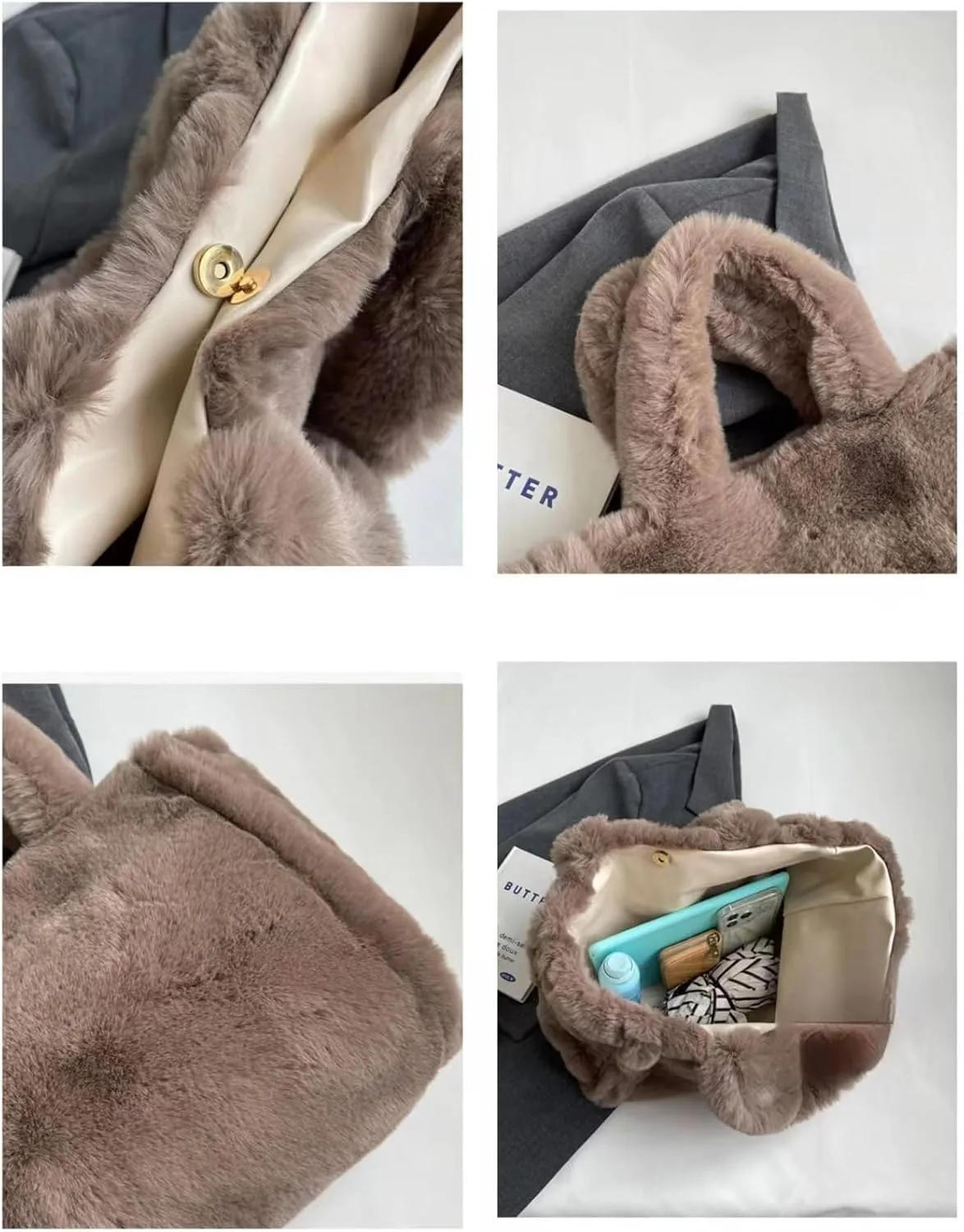 Cute Plush Furry Shoulder Bag Winter Faux Fur Soft Fuzzy Large Hobo Handbag Purse Fluffy Tote Bag for Women