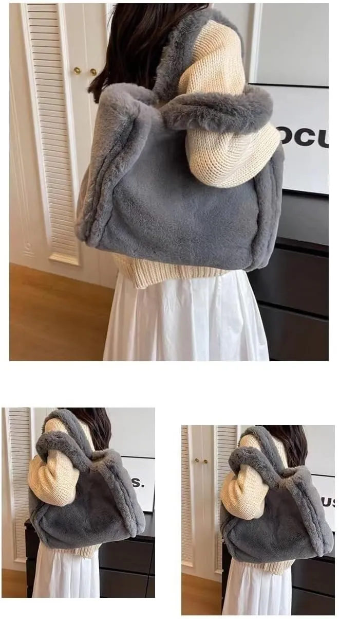 Cute Plush Furry Shoulder Bag Winter Faux Fur Soft Fuzzy Large Hobo Handbag Purse Fluffy Tote Bag for Women
