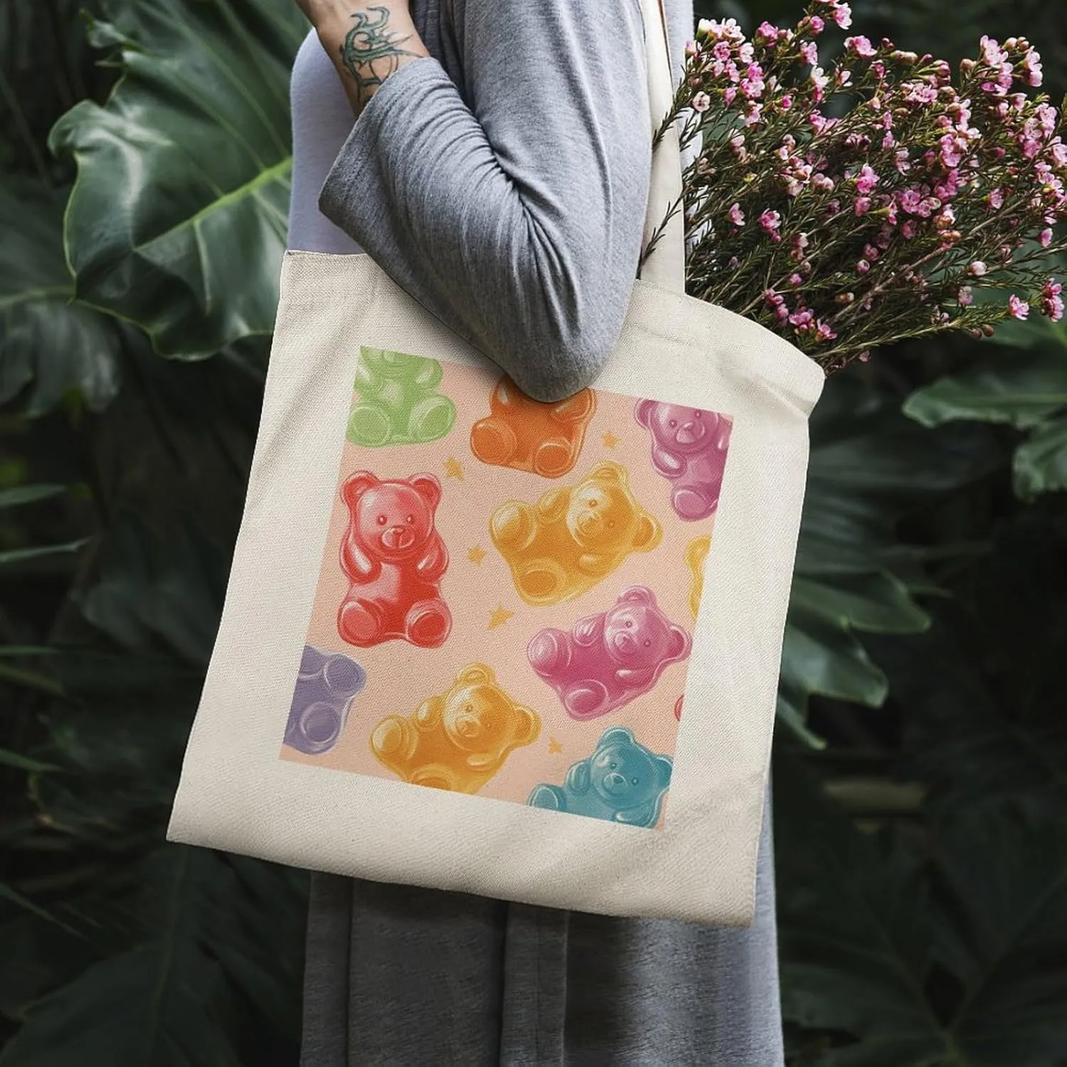 Cute Print Canvas Lightweight Tote Bags Casual Handbags Reusable Grocery Shopping Bag 13.4x15.8in