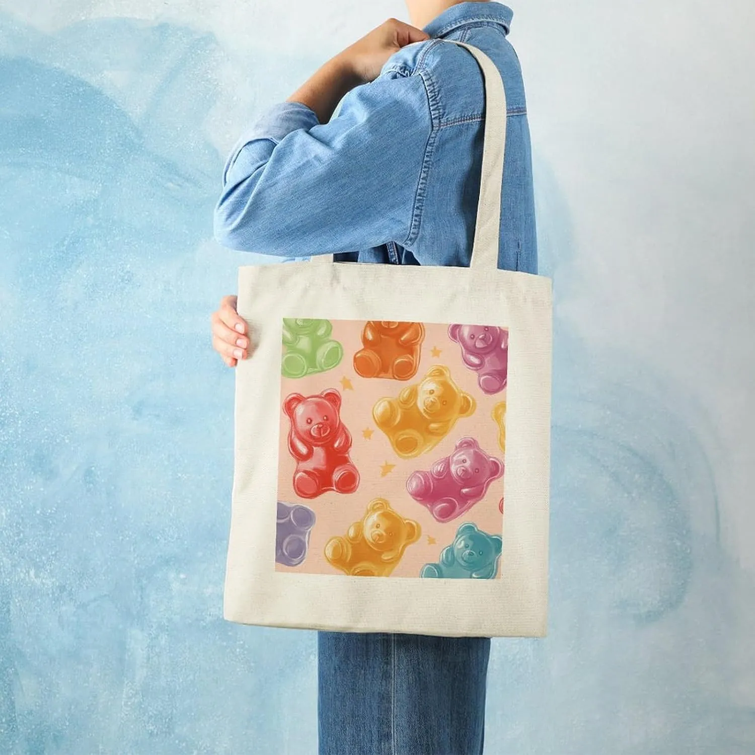 Cute Print Canvas Lightweight Tote Bags Casual Handbags Reusable Grocery Shopping Bag 13.4x15.8in