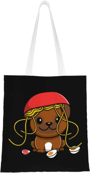 Cute Pug With Noodle Beef and Eggs Tote Bag for Women Canvas Shopping Bags Reusable Large Capacity Casual Shoulder Handbags Grocery Bags DIY Gift Bags