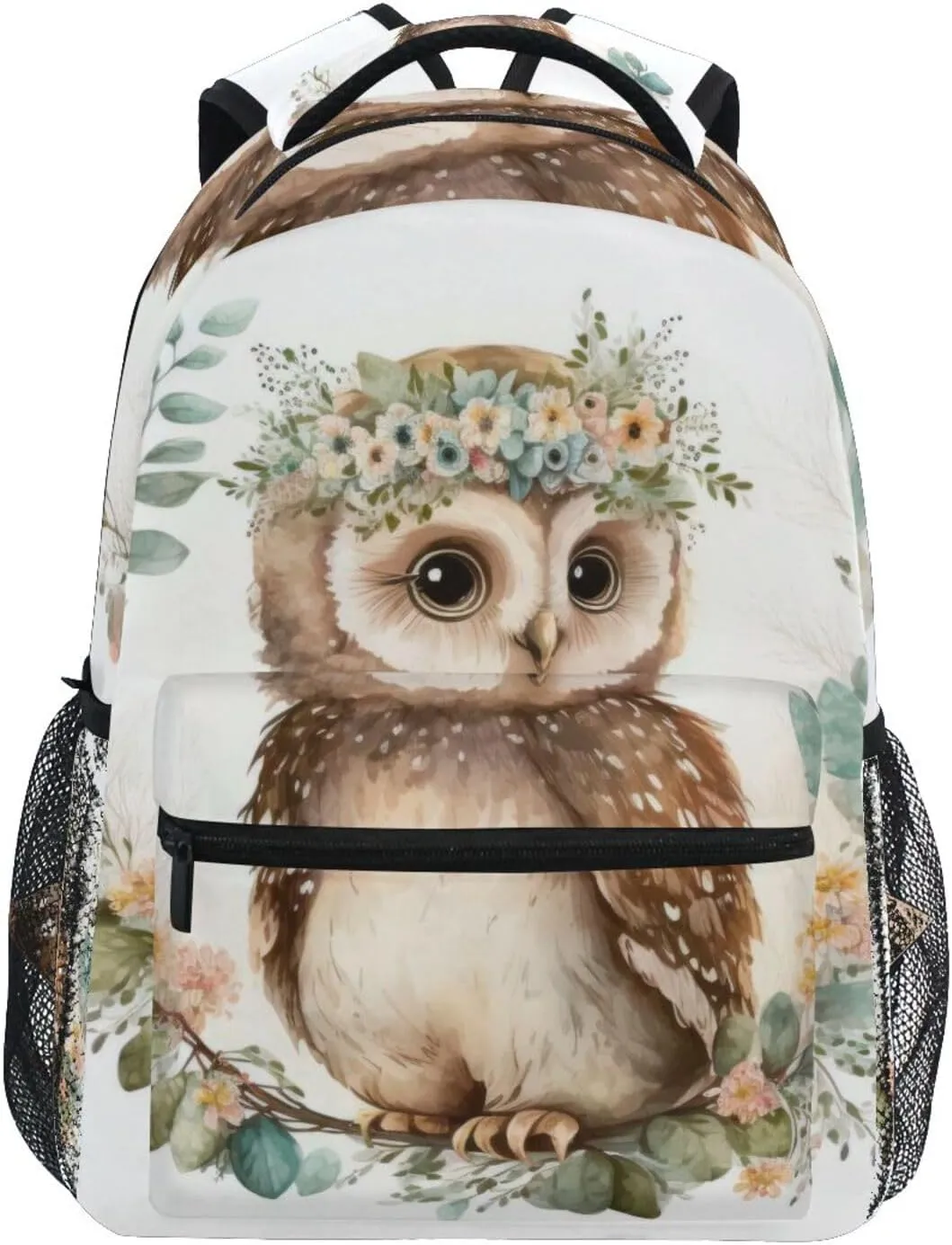 Cute Watercolor Owl Garland Backpack Daypack Shoulder Bag Book Bag Lightweight Back Pack with Reflective Strip Travel Laptop Daypack 12 ×16.9 In