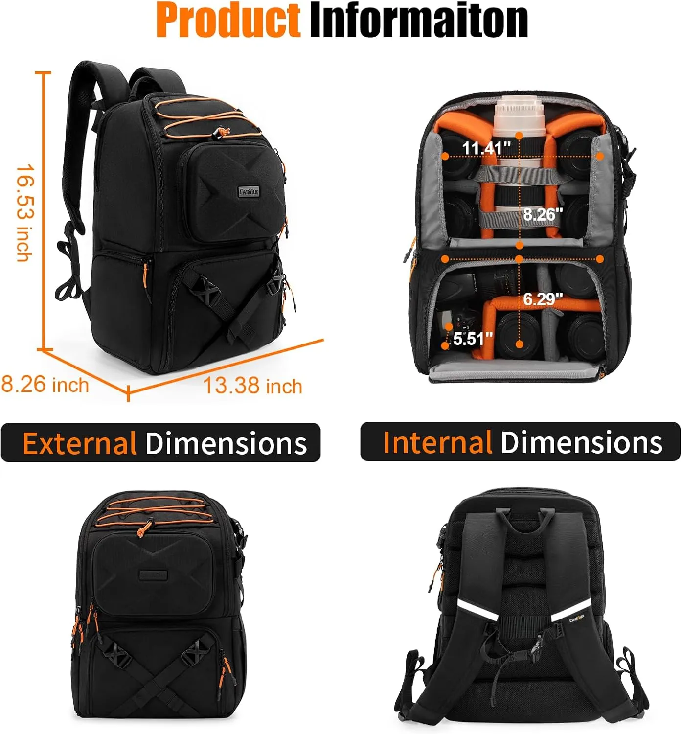 Cwatcun Camera Backpack Professional DSLR/SLR/Mirrorless, Waterproof Hardshell Case Large Camera Bag Outdoor Hiking Travel Multifunction Photography Backpack with Tripod Holder&Laptop Compartment 1.0