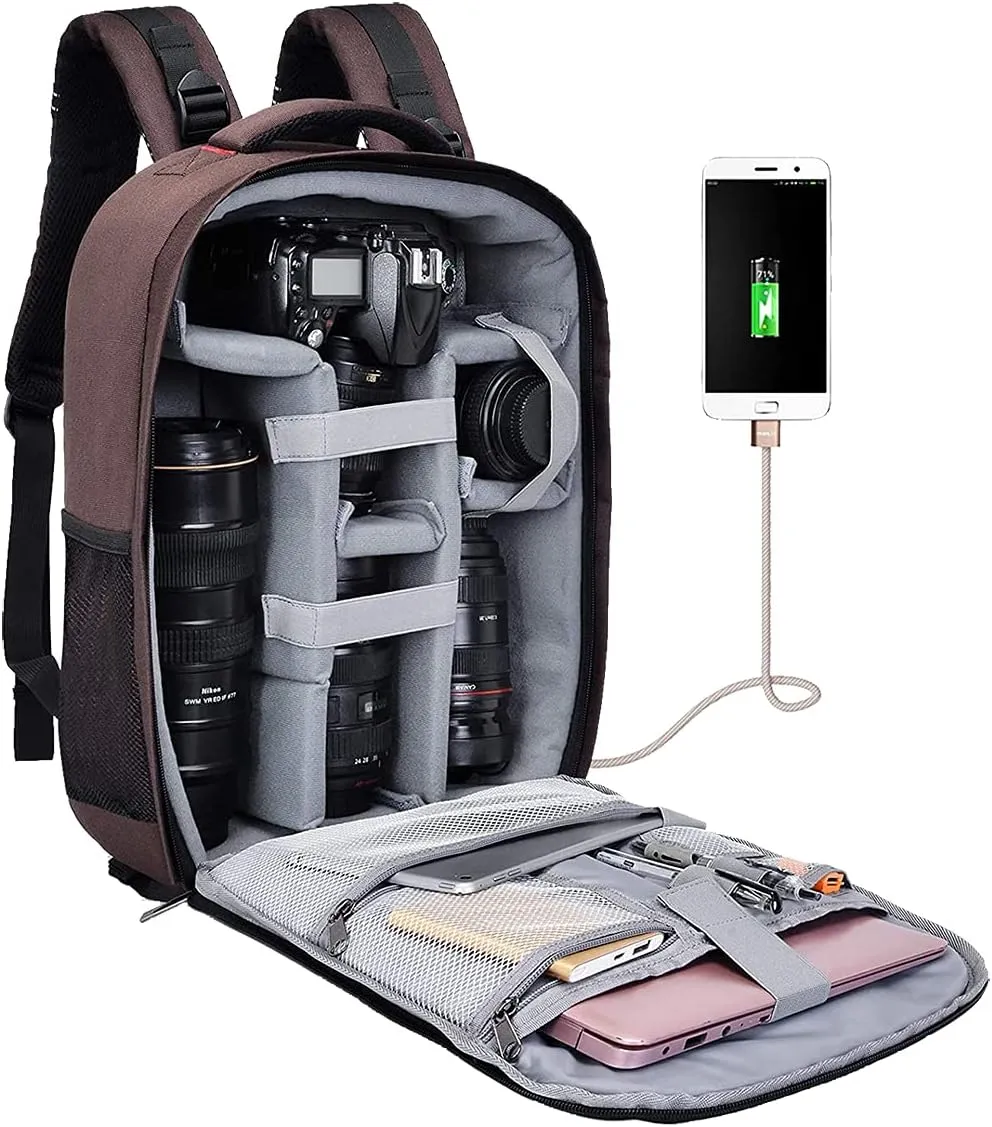 Cwatcun Camera Backpack with Rain Cover, Tripod Holder, USB Port, 15.6" Laptop Compartment, Waterproof Professional Photography Camera Case Bag for Canon Sony Nikon SLR DSLR Cameras, Lens, Brown