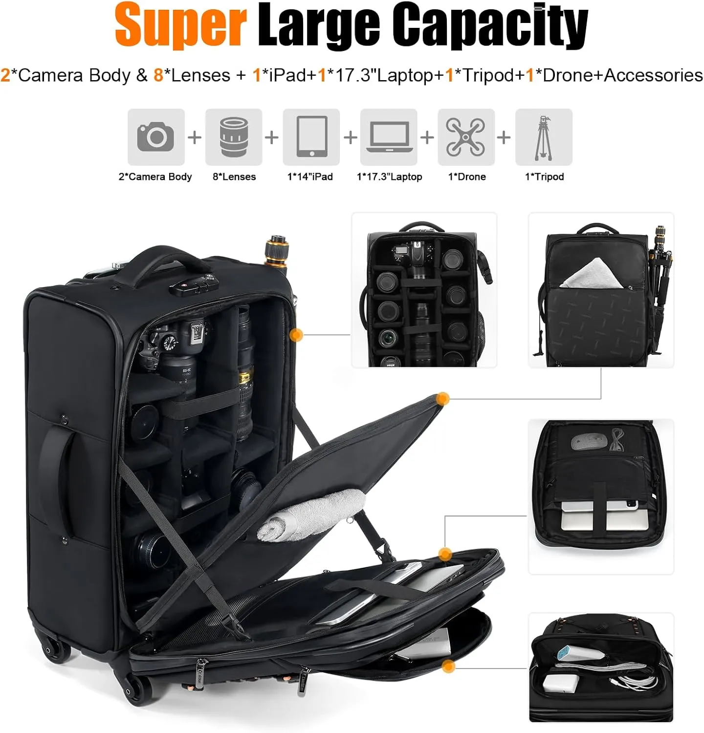 Cwatcun D136Camera Backpack Rolling