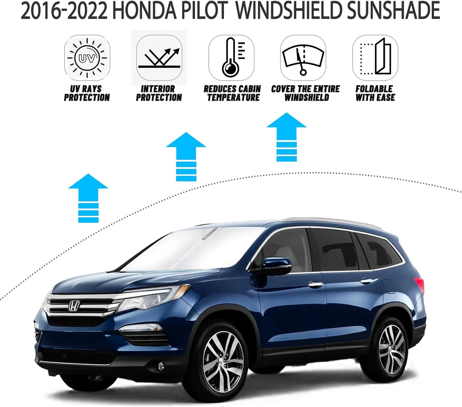D-Lumina Windshield Sun Shade for 2016-2025 Honda Pilot Accessories, Front Window Sunshade Sun Visor Protector Block UV Rays Heat, Foldable 2 Layers 210T Material