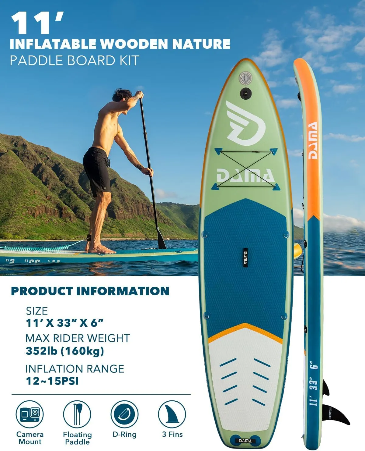 DAMA Premium Inflatable Stand Up Paddle Board (6 inch Thick), sup Board for Adults, SUP, Yoga Boards, Fishing Paddle Boards w/SUP Accessories, 4pcs Kayak Paddle, 32” Wide Stance, Non-Slip Deck