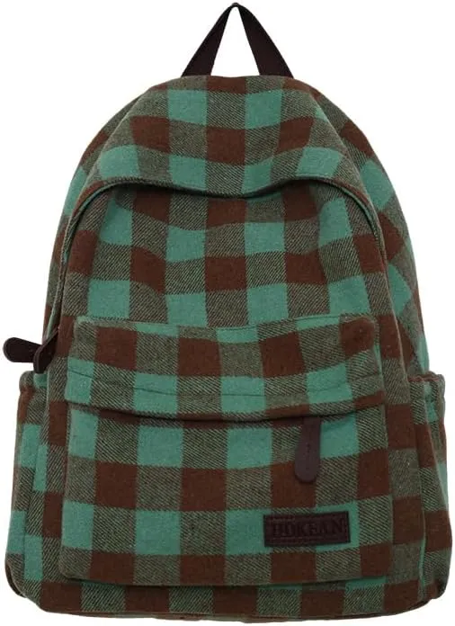 Dark Academia Backpack Women Men - y2k Vintage Checkered Bookbag Plaid Daypack Gothic Rucksack Fleece Shoulder Bag (Green)