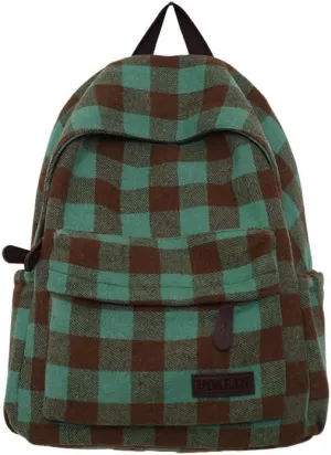 Dark Academia Backpack Women Men - y2k Vintage Checkered Bookbag Plaid Daypack Gothic Rucksack Fleece Shoulder Bag (Green)