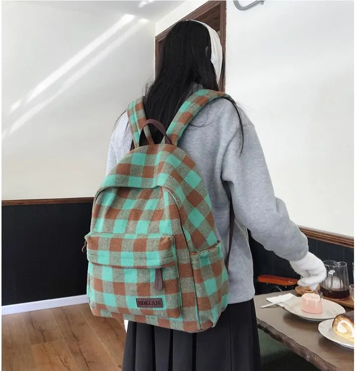Dark Academia Backpack Women Men - y2k Vintage Checkered Bookbag Plaid Daypack Gothic Rucksack Fleece Shoulder Bag (Green)
