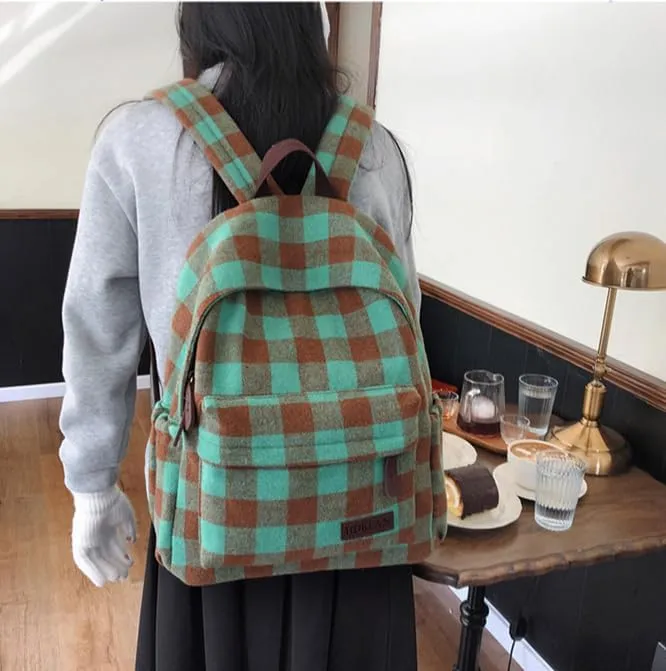 Dark Academia Backpack Women Men - y2k Vintage Checkered Bookbag Plaid Daypack Gothic Rucksack Fleece Shoulder Bag (Green)