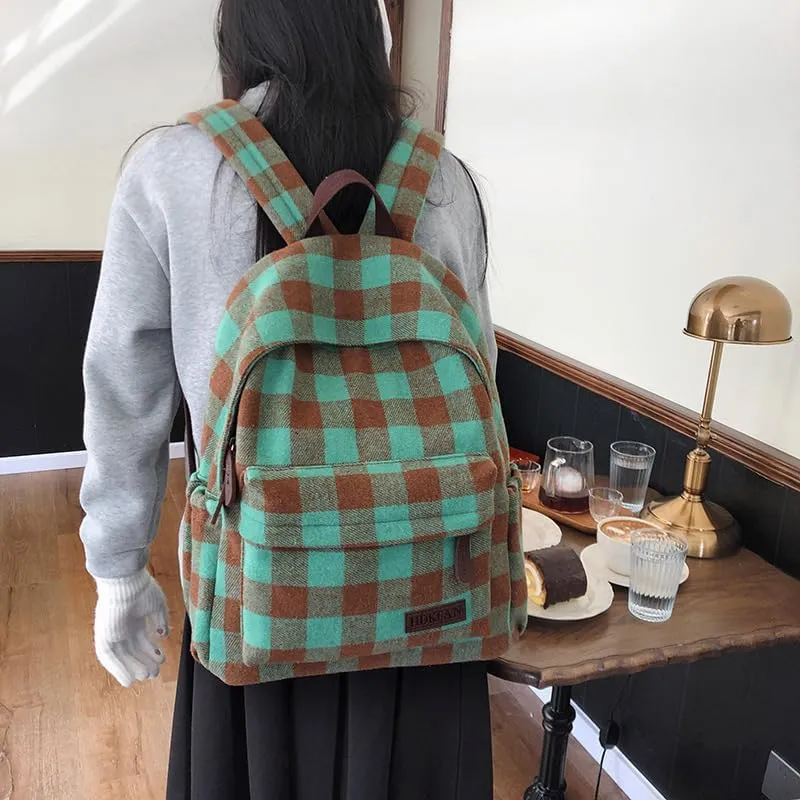 Dark Academia Backpack Women Men - y2k Vintage Checkered Bookbag Plaid Daypack Gothic Rucksack Fleece Shoulder Bag (Green)