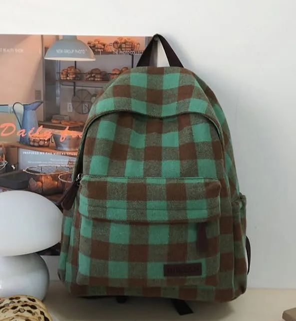 Dark Academia Backpack Women Men - y2k Vintage Checkered Bookbag Plaid Daypack Gothic Rucksack Fleece Shoulder Bag (Green)