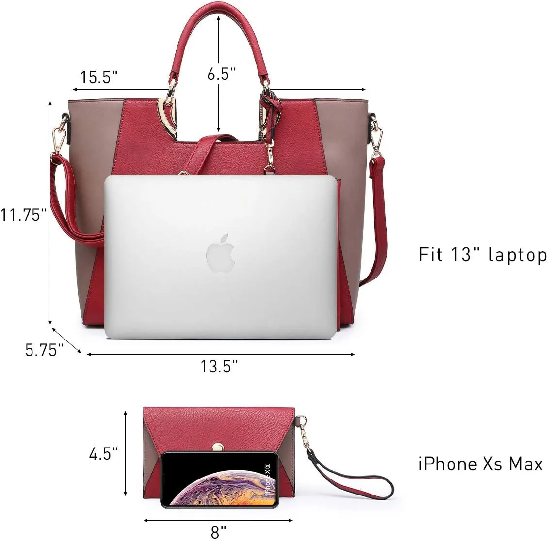 Dasein Women Two Tone Handbag Purse Top Handle Shoulder Bag Tote Hobo Work Bag w/Matching Clutch