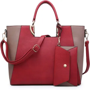 Dasein Women Two Tone Handbag Purse Top Handle Shoulder Bag Tote Hobo Work Bag w/Matching Clutch