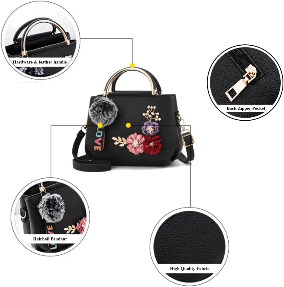 Dayfine Women Satchel Bag 3D Floral Purse Top Handle Bag PU Leather Shoulder Bag Small Handbag Spring Crossbody Bag