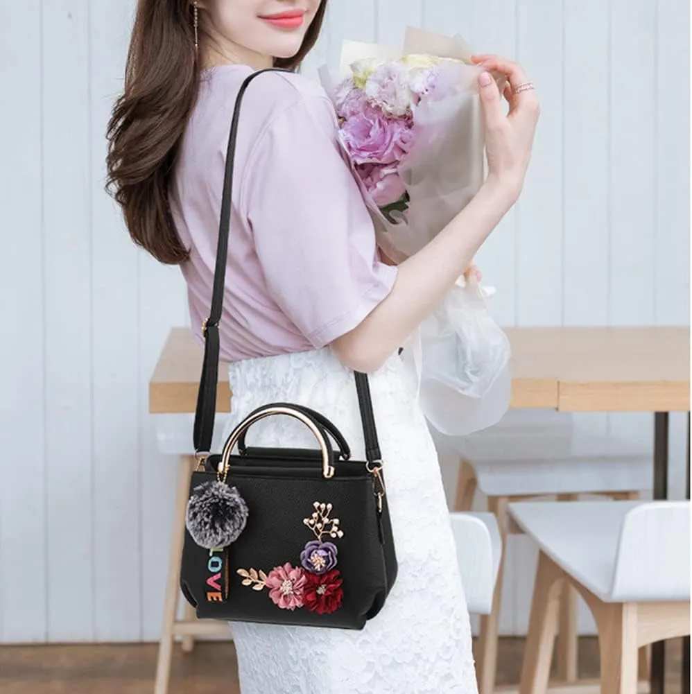 Dayfine Women Satchel Bag 3D Floral Purse Top Handle Bag PU Leather Shoulder Bag Small Handbag Spring Crossbody Bag