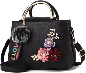 Dayfine Women Satchel Bag 3D Floral Purse Top Handle Bag PU Leather Shoulder Bag Small Handbag Spring Crossbody Bag