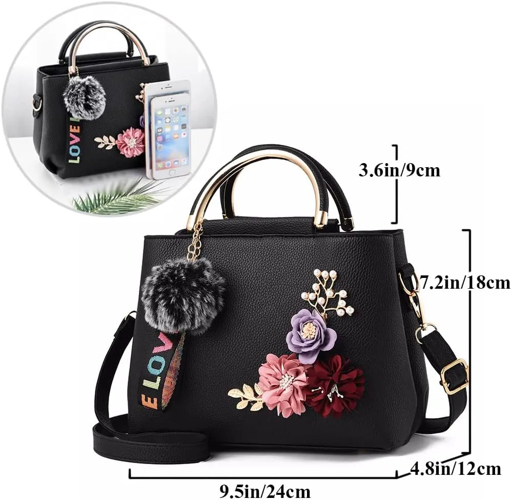 Dayfine Women Satchel Bag 3D Floral Purse Top Handle Bag PU Leather Shoulder Bag Small Handbag Spring Crossbody Bag
