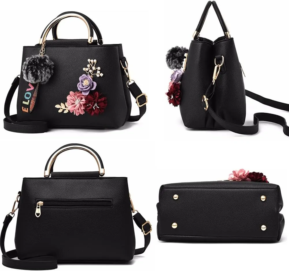Dayfine Women Satchel Bag 3D Floral Purse Top Handle Bag PU Leather Shoulder Bag Small Handbag Spring Crossbody Bag