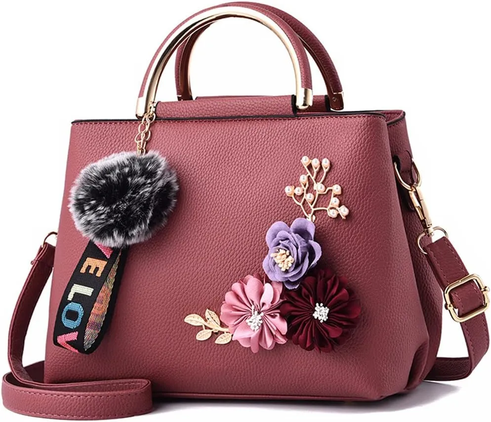 Dayfine Women Satchel Bag 3D Floral Purse Top Handle Bag PU Leather Shoulder Bag Small Handbag Spring Crossbody Bag
