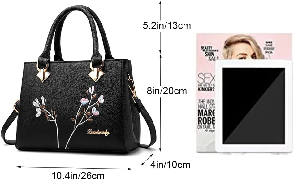 Dayfine Women Top Handle Purse Satchel Bag Faux Leather Handbag Embroidery Floral Bag Shoulder Bag Crossbody Bag Medium Tote
