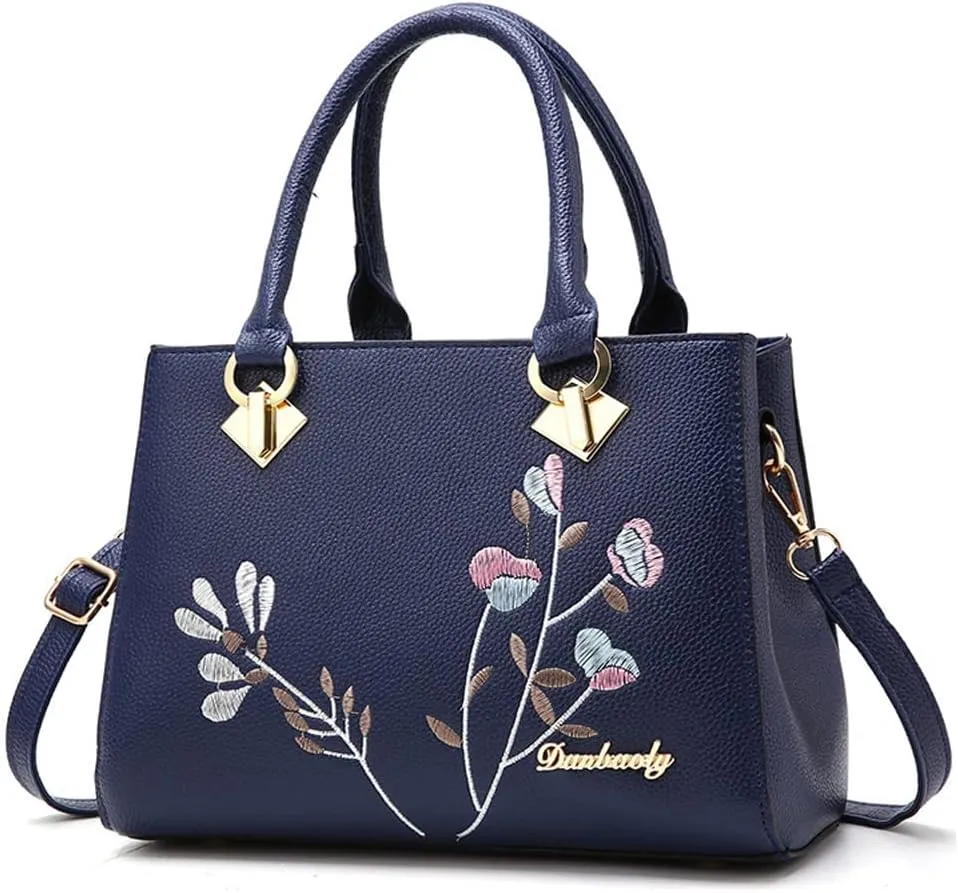 Dayfine Women Top Handle Purse Satchel Bag Faux Leather Handbag Embroidery Floral Bag Shoulder Bag Crossbody Bag Medium Tote