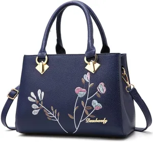 Dayfine Women Top Handle Purse Satchel Bag Faux Leather Handbag Embroidery Floral Bag Shoulder Bag Crossbody Bag Medium Tote